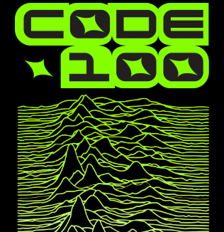 Wave from the iconic cover with a CODE100 logo above it and the wave coloured in a gradient from lime to white